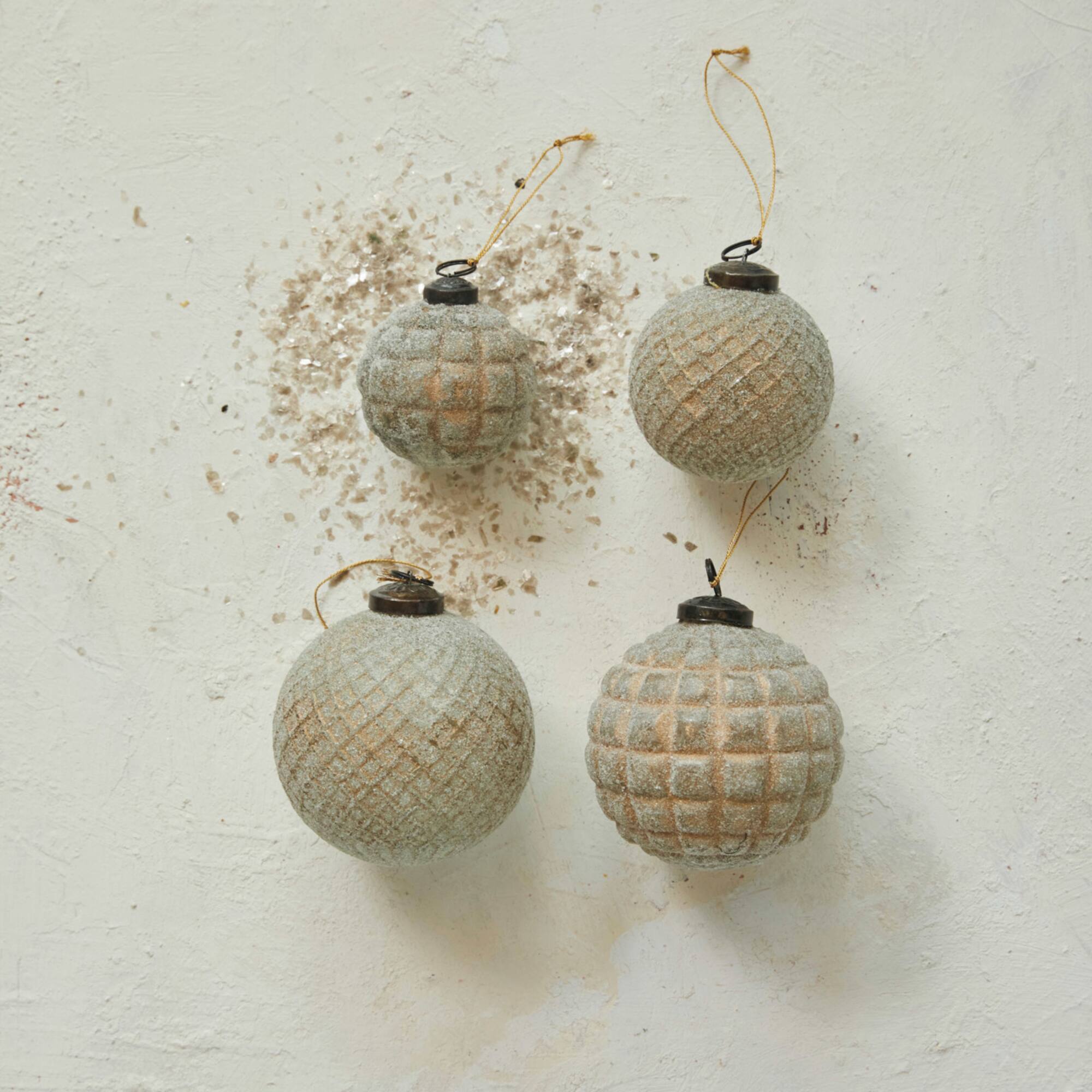 Hello Honey® 4" Embossed Glass Ball Ornament Set with Frosted Copper Finish
